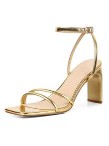 Womens Ankle Strap Sandals Chunky Block Heel Adjustable Strap Square Open Toe High Heels - Gold - View 4