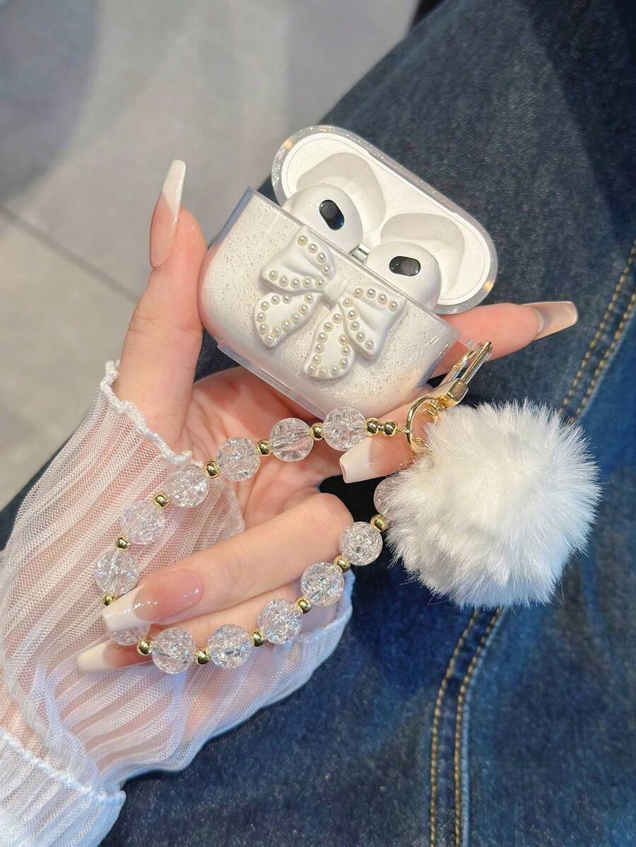 苹果美学白色蝴蝶结耳机盒，配闪亮水钻和白色绒球串珠链 - 彩色 - 查看 1