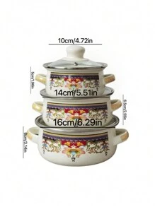 1 Set Enameled Cookware With Glass Lid, 3pcs Mini Enameled Cookware Set - One Size - View 4