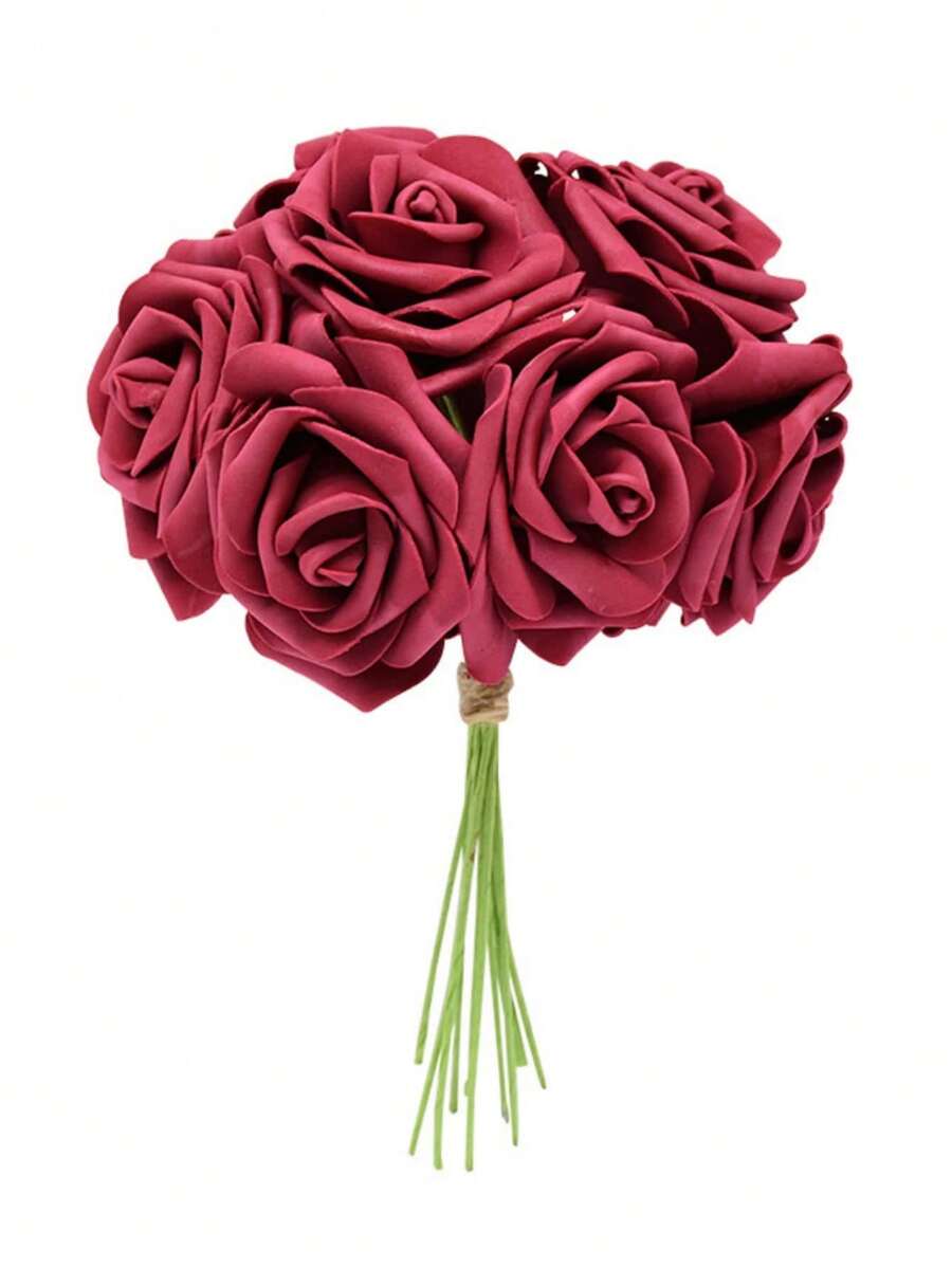 10pcs Foam Simulation Rose Flowers For Home Decoration - Burgundy - View 1