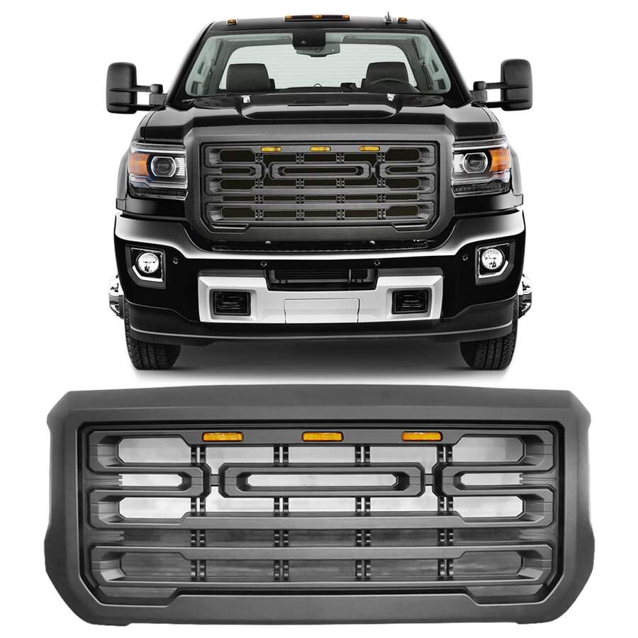 Front Grille With Signal Lights Compatible With 2015-2019 GMC Sierra 2500 3500, Matte Black/ Gloss Black ABS Front Car Grill Bumper Hood Upper Shell Guard - Matte Black - View 1