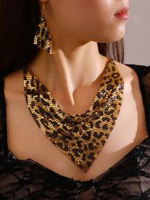 NAIZHU Ensemble de collier et boucles d'oreilles pour femmes à motif léopard exagéré et texture métallique de 3 pièces pour fête à la mode