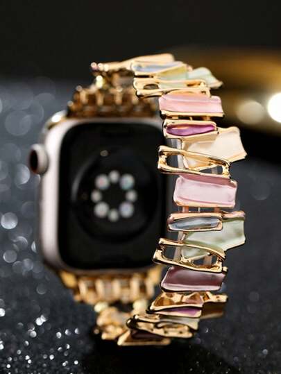 1pc Women's New Creative Oil Painting Smart Watch Band, Elastic Gold Metal Strap, Compatible With Apple Watch Ultra 3/2 (49mm/45mm/44mm/38mm/40mm/41mm/42mm/46mm), Fashionable Asymmetric Geometric Pattern Ladies Bracelet Strap, Compatible With Apple Watch Series 11/10/9/8/7/SE/6/5/4/3/2/1, Stylish Smart Watch Band, Compatible With Apple Watch, Bangle-Style Strap Accessory, Compatible With Apple Watch, Smart Watch Band, Fashionable Wristband Replacement, Great Gift For Friends And Family, Suitable For Outdoor, Travel, Party And Other Occasions.