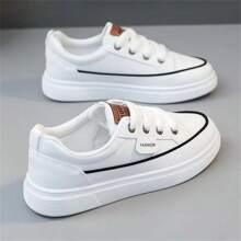 Zapatos deportivos casuales para mujeres de unicolor, suaves y cómodos con cordones y suela gruesa para caminar - Blanco - Ver 2