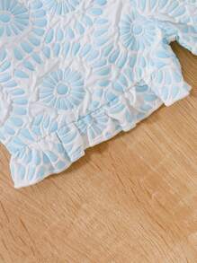 嬰兒女童花紋方領短袖上衣和褲子套裝 - 藍色 - 查看 8