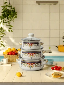 1 Set Enameled Cookware With Glass Lid, 3pcs Mini Enameled Cookware Set - One Size - View 5