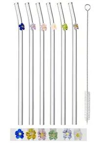 Set (4 Straws + 1 Brush) Reusable Glass Straws Cute Colorful Flower Glass Straws, Colorful Floral Design Heat-Resistant Glass Straw, Washable Reusable Fruit Drinking Smoothies, Milkshakes, Juices, Teas,Kitchen,Christmas Gift,School Supplies