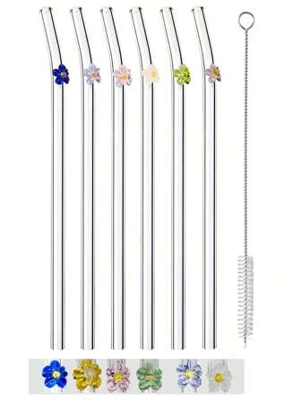 套装（4 根吸管 + 1 把刷子）可重复使用玻璃吸管可爱彩色花朵玻璃吸管，彩色花卉设计耐热玻璃吸管，可清洗可重复使用水果饮用冰沙、奶昔、果汁、茶、厨房、圣诞礼物、学校用品