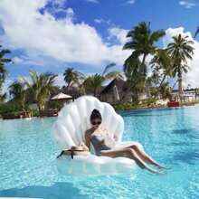 1入組可充氣海貝泳池浮條，充氣巨大蛤蜊漂浮床帶珍珠球，貝殼形泳池漂浮坐式浮筏椅，適用於成人夏季泳池海灘派對 - 白色 - 查看 7