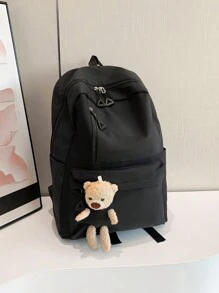 大容量休閒背包，帶泰迪熊吊墜，字母印花，純色，適用於學生、女性、男性、旅行，雙肩，可放電腦 - 黑色 - 查看 5