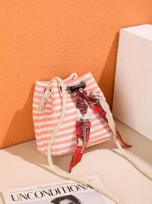 Scarf Retro Water Ripple Straw Bucket Bag Shoulder Striped Messenger Bag Holiday Beach Bag - Multicolor - View 6