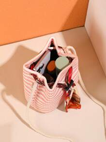 Scarf Retro Water Ripple Straw Bucket Bag Shoulder Striped Messenger Bag Holiday Beach Bag - Multicolor - View 7