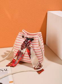 Scarf Retro Water Ripple Straw Bucket Bag Shoulder Striped Messenger Bag Holiday Beach Bag - Multicolor - View 2