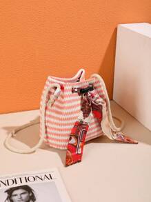 Scarf Retro Water Ripple Straw Bucket Bag Shoulder Striped Messenger Bag Holiday Beach Bag - Multicolor - View 3