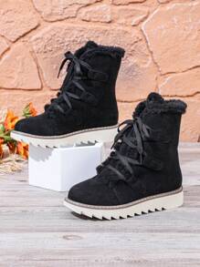 2024 Winter Motorcycle Snow Boots, Fur-Lined Mid-Calf Boots, Lace-Up Thick Sole Warm Lined Long Boots For Women