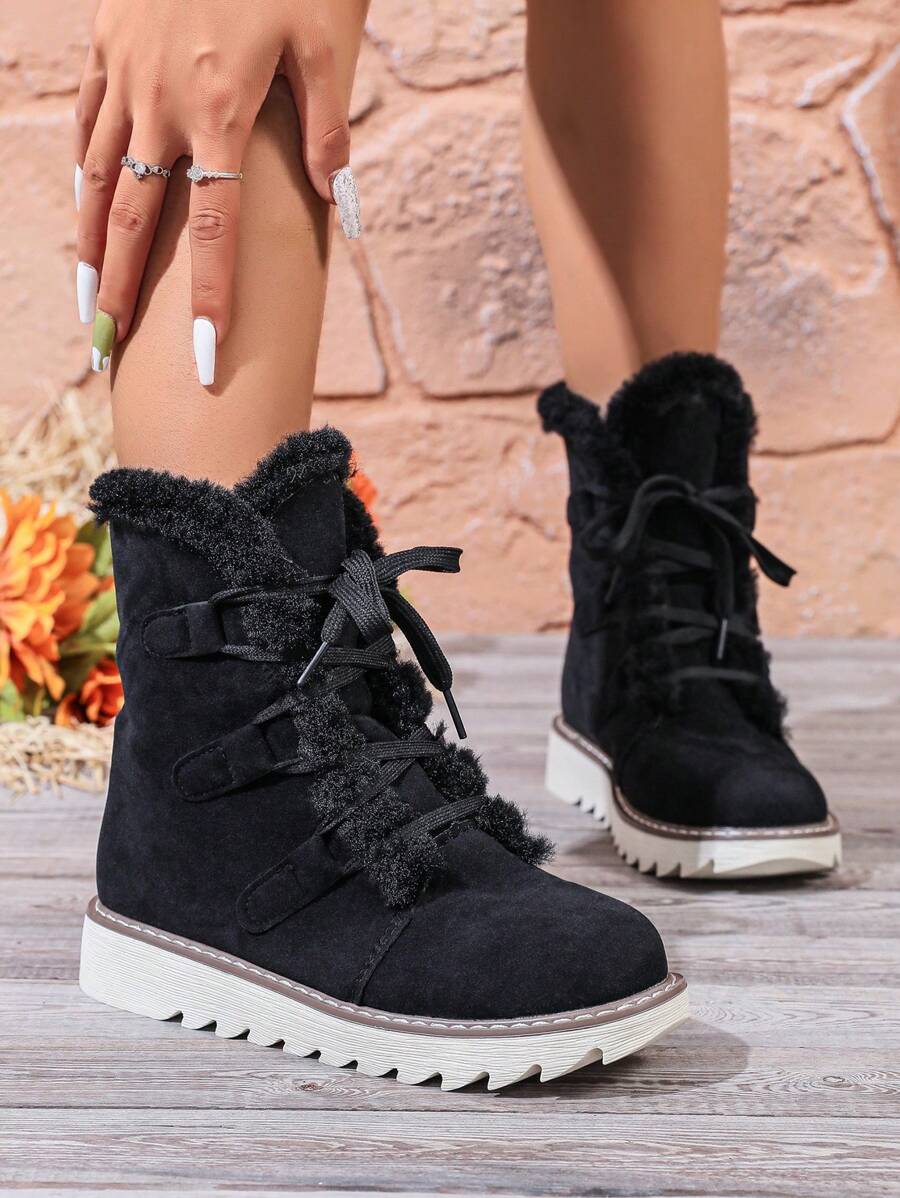 2024 Winter Motorcycle Snow Boots, Fur-Lined Mid-Calf Boots, Lace-Up Thick Sole Warm Lined Long Boots For Women