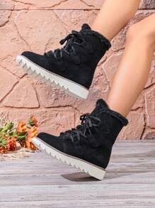 2024 Winter Motorcycle Snow Boots, Fur-Lined Mid-Calf Boots, Lace-Up Thick Sole Warm Lined Long Boots For Women