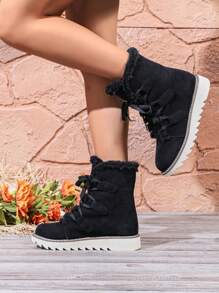 2024 Winter Motorcycle Snow Boots, Fur-Lined Mid-Calf Boots, Lace-Up Thick Sole Warm Lined Long Boots For Women