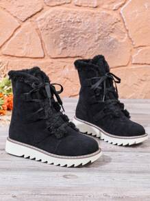2024 Winter Motorcycle Snow Boots, Fur-Lined Mid-Calf Boots, Lace-Up Thick Sole Warm Lined Long Boots For Women