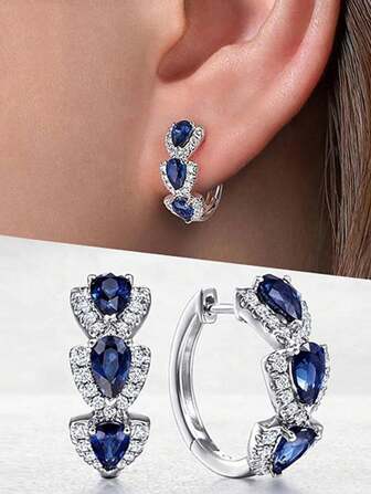 2pcs Elegant & Fashionable Copper Cubic Zirconia Heart-Shaped Hoop Earrings For Women Daily Wear