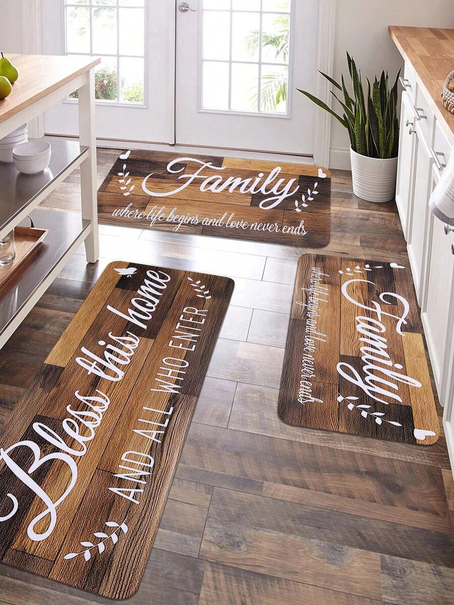 1入個復古木板紋印花廚房地墊，柔軟水晶絨矩形抗滑吸水地墊，適用於廚房、餐廳、客廳、家用 - 彩色 - 查看 1