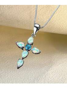 1 pieza Collar con colgante cruzado de diamantes incrustados, estilo de verano para realzar su piel clara. Longitud ajustable, adecuado para fiestas y uso diario - Un collar de cadena fina de ópalo de imitación de diamantes con engaste de cruz blanco de verano - Ver 7