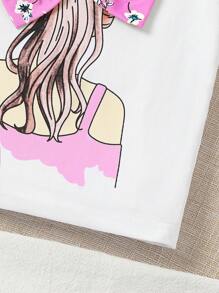 Ung flicka 2st Casual sommaroutfits, moderiktiga T-shirt och byxor med tryck, elegant och lätt - Rosa - Visa 6