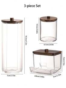 3 Packs Qtip Holder Bathroom Dispenser Storage Swabs, Makeup Pads, Dental Floss Picks - Clear Jar With Brown Wood Lid,For Holiday Beach, Bathroom Collection, Bedroom Collection, Large Capacity