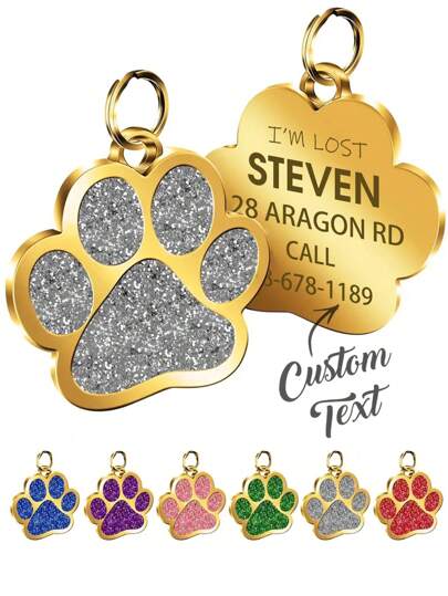 Personalised Cat Dog Puppy Pet ID Name Pendants, Custom Dog Cat Tags, Collar Tag Pendant Pet Accessories Paw Glitter Pendant, Perfect Gift For Your Pet