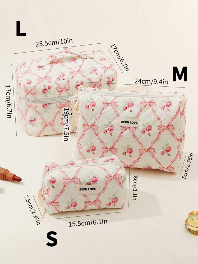 1Pc/Set Bow Knot & Rose Design Quilting Cosmetic Bag, Fashionable Portable Makeup Bag, Multi-Functional Storage Bag For Lipstick, Sanitary Napkin, Coins, Keys Etc, Large Capacity Lovely Wash Bag For Travel Organizer Cosmetic Bag For Travel, Mother's Day Gift, Valentine's Day, Anniversary. Makeup Travel Toiletry Organizer Essentials Gifts Storage Zipper Accessories - Pink - View 4