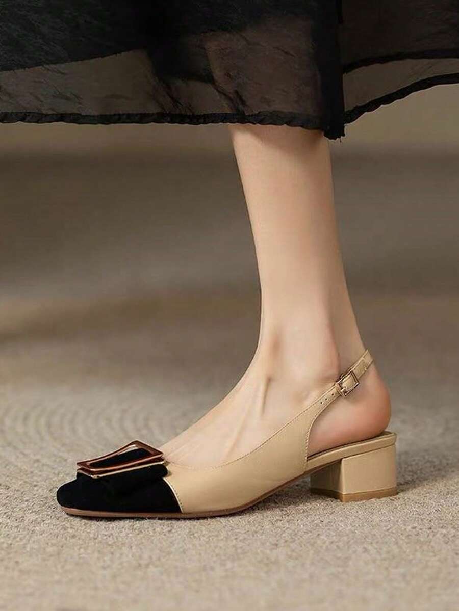 New Women's Pointed Toe Mid Heel Chunky Heel Open Back Shoes, French Style High Heel Pumps, Spring/Summer - Apricot - View 1
