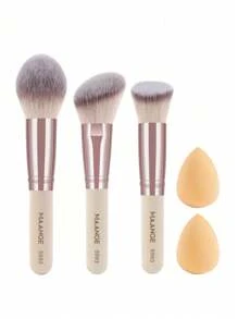 MAANGE 3支化妆刷+2个化妆海绵套装，包含粉底刷、修容刷，柔软纤维材质，方便携带，旅行必备。化妆刷套装，化妆刷套装，化妆刷组合，全套化妆工具，化妆刷套装，全套化妆工具，化妆刷套装，化妆刷礼盒套装 - 杏色 - 查看 10