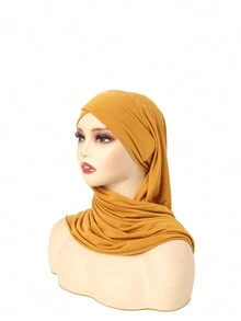 1入組新款穆斯林女士純色包頭巾水晶麻帽，單層十字花紋頭巾帽 - A - 查看 14