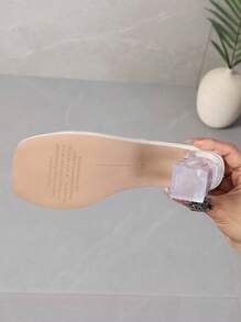 新款夏季透明女士凉鞋，时尚高跟鞋，带厚水晶带，性感露趾鞋，透气透明女士一脚蹬高跟鞋 - 杏色 - 查看 5