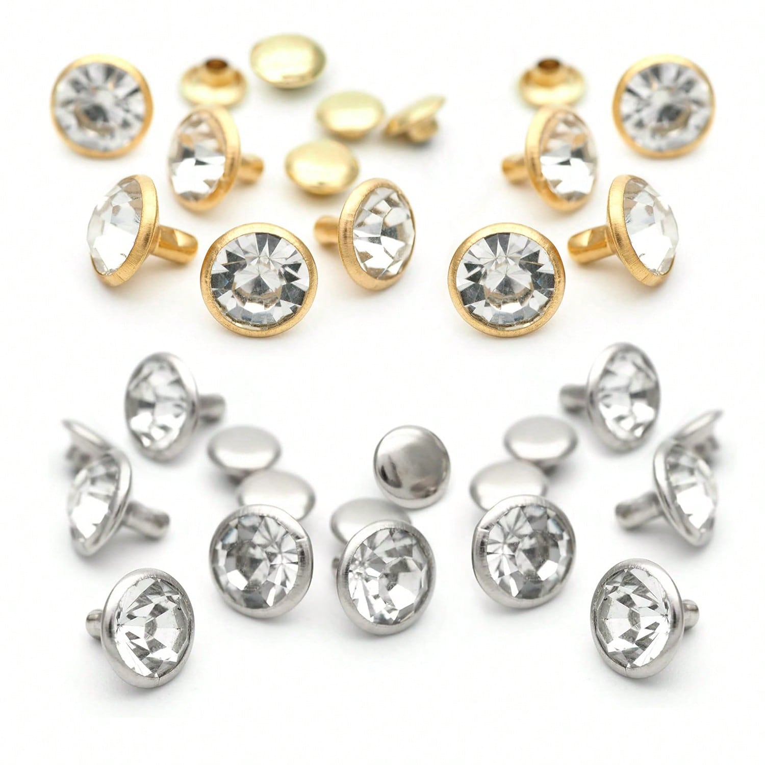 50Sets Silver Copper Based With White Clear Rhinestone Rivets Steampunk Funky Crystal Rivets Rapid Rhinestone Stud DIY Accessories Silver Color Rivets Fit Punk Rock DIY For Purse, Clothing, Wedding, Performance, Arts And Crafts