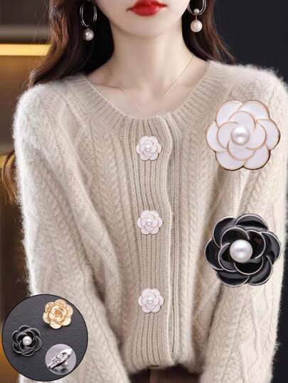 5pcs/Pack Stylish Camellia Resin Pearl Buttons, Metal Handmade Seams Sewing Jewelry Accessories, For Women's Shirts, Cardigans, Sweaters, Suits, Coats, Dresses, Shoes, Hats, Scarves Decoration