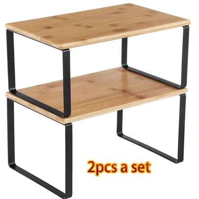 Cabinet Organizer Shelf, Set Of 2 Kitchen Counter Shelves, Kitchen Storage, Spice Rack, Stackable, Expandable, Metal And Engineered Wood, Ink Black And Natural Beige