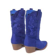 Women Western Cowboy Boots – Embroidered Mid-Calf Chunky Heel Cowgirl Boots With Side Zipper Stylish Comfortable Suede Fall/Winter Boots For Country Concert, Rodeo, Nashville Trip, Festival & Daily Wear [Size Up Half Size] - 藍色 - 查看 4