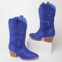 Women Western Cowboy Boots – Embroidered Mid-Calf Chunky Heel Cowgirl Boots With Side Zipper Stylish Comfortable Suede Fall/Winter Boots For Country Concert, Rodeo, Nashville Trip, Festival & Daily Wear [Size Up Half Size] - 藍色 - 查看 5