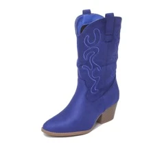 Women Western Cowboy Boots – Embroidered Mid-Calf Chunky Heel Cowgirl Boots With Side Zipper Stylish Comfortable Suede Fall/Winter Boots For Country Concert, Rodeo, Nashville Trip, Festival & Daily Wear [Size Up Half Size] - 藍色 - 查看 3