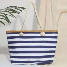 Bolsa de playa con patrón de rayas, bolso de mano impermeable para mujeres, amplio bolso de mano para playa con cremallera y malla, bolso grande de capacidad para vacaciones, estilo de bolsa de tela de lona para viajes - Azul - Ver 2