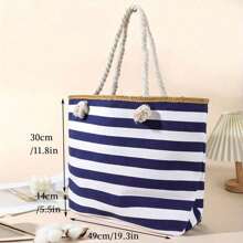 Bolsa de playa con patrón de rayas, bolso de mano impermeable para mujeres, amplio bolso de mano para playa con cremallera y malla, bolso grande de capacidad para vacaciones, estilo de bolsa de tela de lona para viajes - Azul - Ver 4