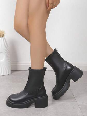 New Vintage Thick Sole Wedge Heel Elegant Short Ankle Boots With Back Zipper For Women, Autumn/Winter