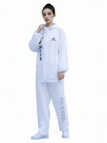 2 piezas Traje impermeable de abrigo de lluvia con doble puerta, cremallera y hebilla para hombres y mujeres, adecuado para montar, motocicleta, bicicleta y entrega de alimentos, con diseño de chaqueta y pantalones desmontables - Blanco - Ver 16