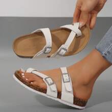 Women's Flat Cork Sandals, Summer Sandals Toe Loop Cross Strap, Retro Style & Casual Sandals With Adjustable Strap Buckle - White - View 3