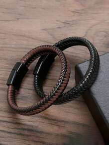 時尚男士磁扣皮革手鐲-多尺寸編織手繩，適用於戶外運動和休閑穿著 - 彩色 - 查看 3