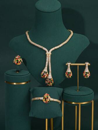 4pcs/Set Middle East Style Jewelry Set - Necklace, Earrings, Ring, Bracelet With Colorful Zirconia Stones, Tassel Design, Suitable For Women Daily, Party, Wedding, Bridal