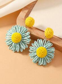 1 par de aretes tejidos a mano en estilo bohemio vacacional con hierba de rafia de color naranja, verde, beige, caqui y amarillo, cuentas y flores margarita, adecuados para uso diario por mujeres - Beis - Ver 10