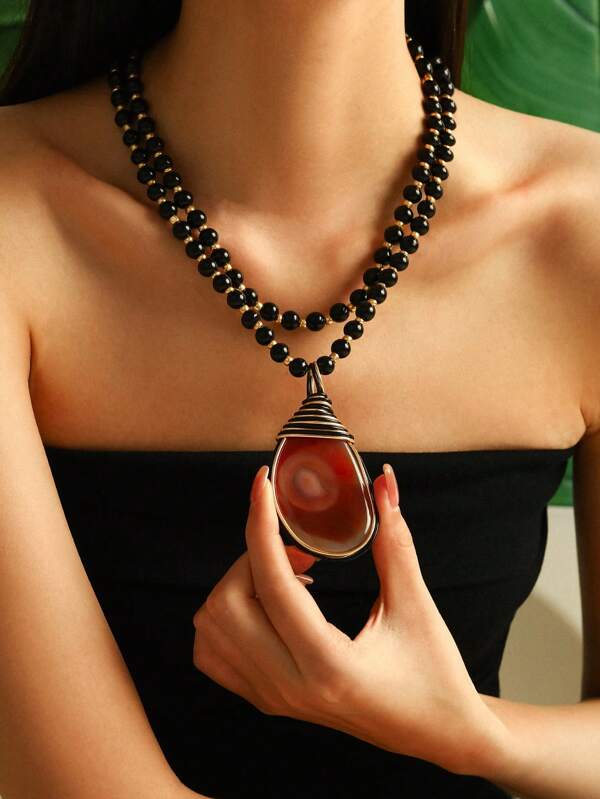 1pc Handmade Natural Stone Teardrop Pendant Necklace, Layered Agate Grain Unique Pattern Sweater Chain, Random Color