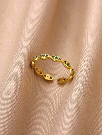 1PC Green Stone Cubic Zirconic Evil Eye Open Rings For Women Stainless Steel Gold Plated Adjsutable Finger Ring European And American Fashion Jewelry Accessories